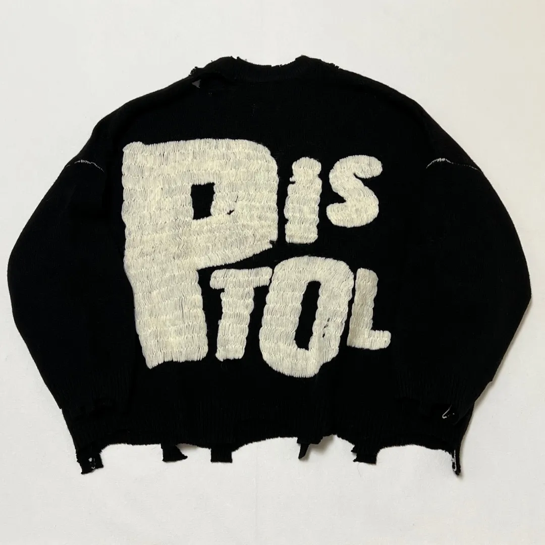 SAINT Mxxxxxx × Sex Pistols SP_CREW KNT/IAMA/BLK SEX PISTOLS band joint model destroyed hand-embroidered sweater, black S-XL, original 85% wool/15% polyester fiber blend, super complex front and rear panels, large-area hand-embroidery, hand-cut destruction treatment, custom-made correct joint main mark/wash mark